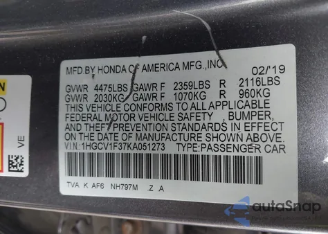 2019 Honda Accord Sport из США, поврежденный, VIN 1HGCV1F37KA051273